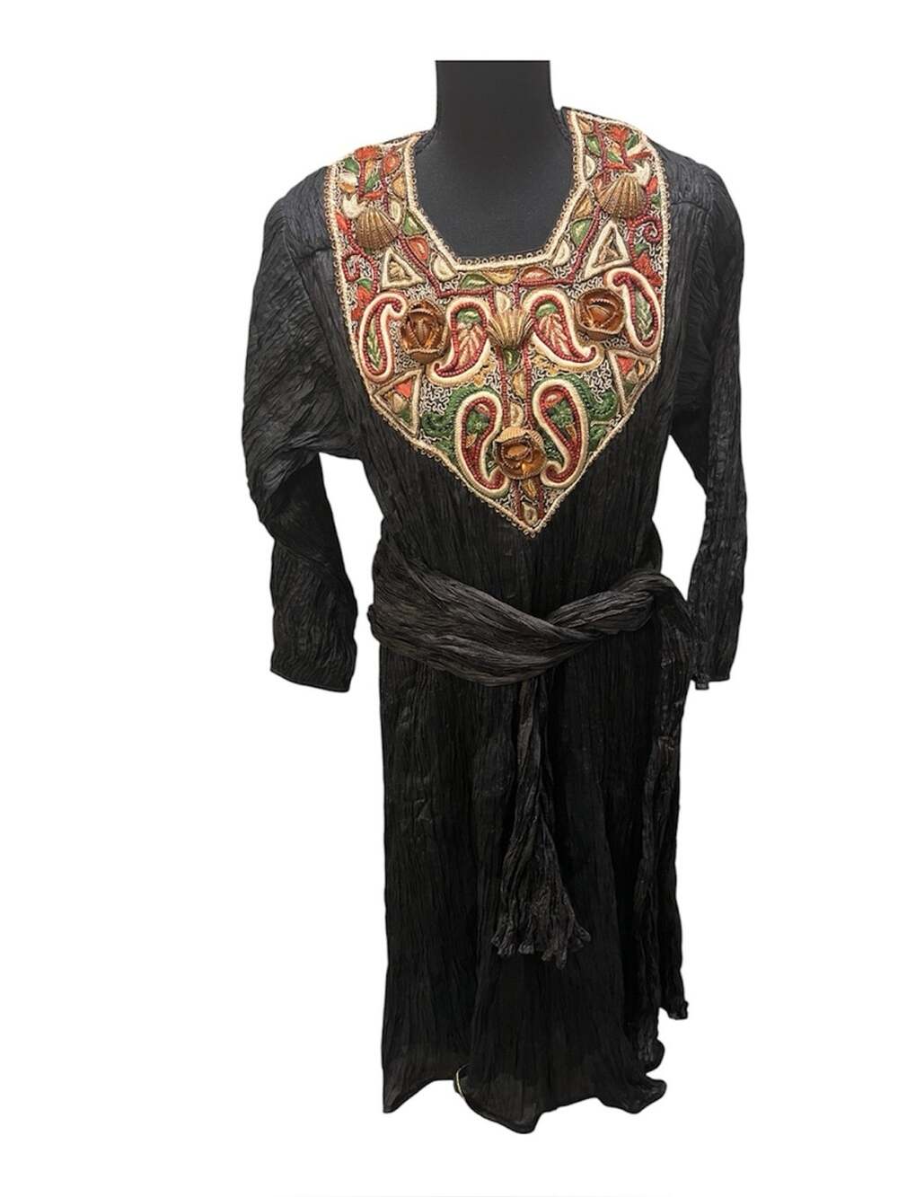 Embroidered Vintage Black Bohemian Maxi Dress with Sash